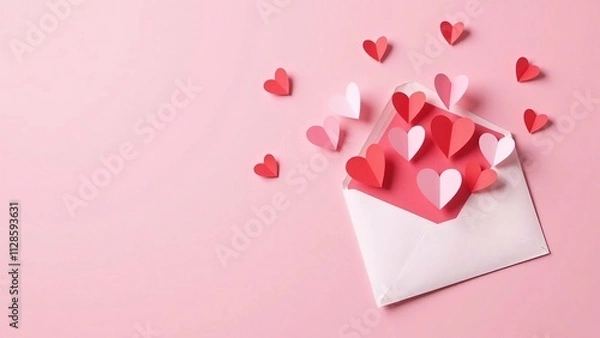 Obraz love letter envelope overflowing with paper hearts, affectionate, affection, passion, mail, surprise, tender, romance, message