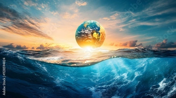 Fototapeta A vibrant ocean planet with shimmering turquoise waters floating islands and a golden sun reflecting on the waves.