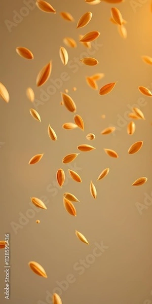 Fototapeta "Action-packed image of pumpkin seeds in mid-air, arranged at various angles to create the effect of dynamic falling motion. Subtle motion blur adds to the sense of movement, while the majority of the