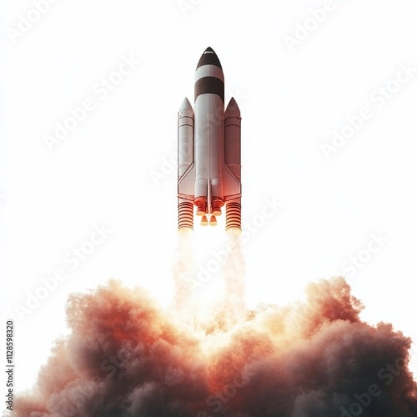 Fototapeta A rocket launches into the sky, emitting flames and smoke, symbolizing exploration and technological advancement.