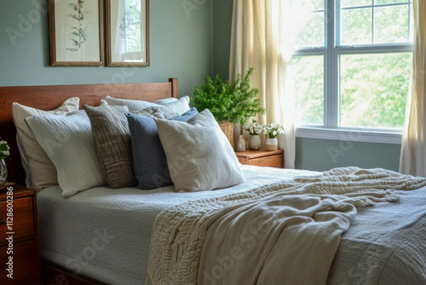 Obraz Cozy bedroom with wooden bed frame and plush pillows in sunlit room