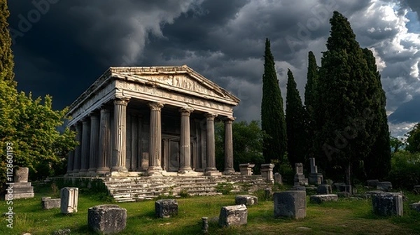 Obraz The Mausoleum at Halicarnassus with storm clouds gathering above its towering structure radiating strength.