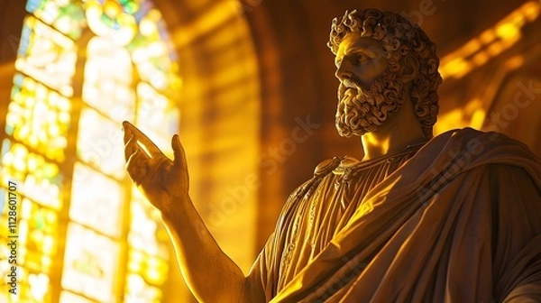 Fototapeta The Statue of Zeus at Olympia bathed in golden light from stained-glass windows emphasizing its divine majesty.