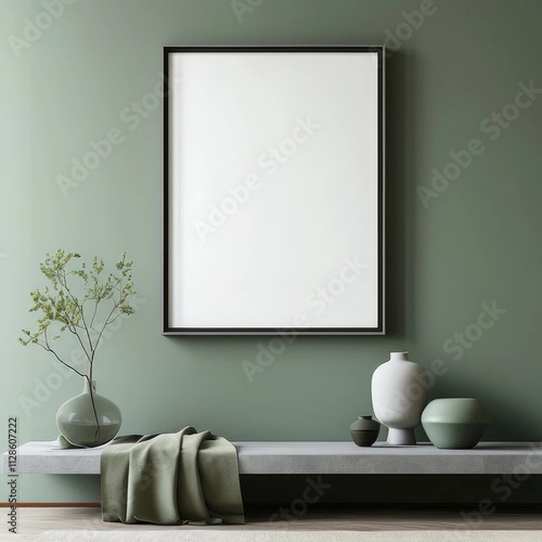 Fototapeta Elegant grey frame, empty white Mockup canvas, Blank Mock-up Frame Canvas, modern green luxury interior, wall art presentation mockup, Picture frame, art presentation, Picture frame on a wall, Blank