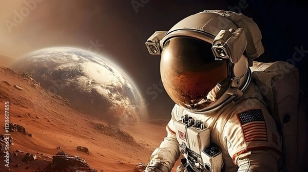 Fototapeta An astronaut standing on a dusty red Martian landscape with the reflection of a distant Earth in their helmet visor.