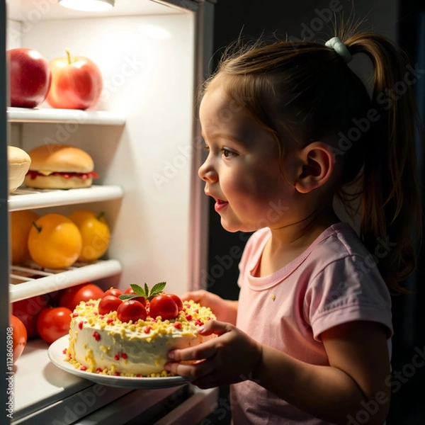 Obraz A child takes a cake out of the refrigerator at night, the concept of improper nutrition