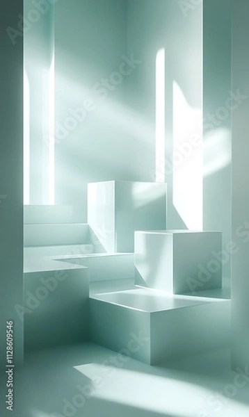 Fototapeta Cyan square shapes on a light cyan background, with soft gradients and shadows adding depth. 