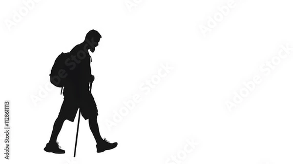 Fototapeta A silhouette of a religious pilgrim walking with a staff, representing journeys in various cultures. Pilgrim walking minimalist.
