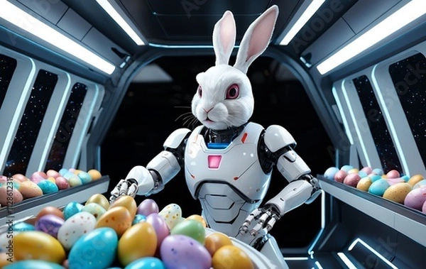Fototapeta Robot rabbit sorts colorful Easter eggs in futuristic spaceship.