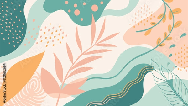 Fototapeta Modern abstract background featuring a harmonious blend of organic shapes, tropical colors, and minimalist design elements, creating a visually appealing composition