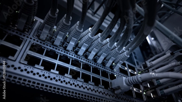 Obraz Network cables connected to a server rack in a data center during evening hours