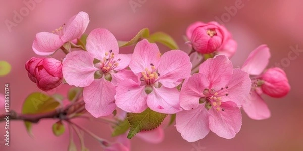 Obraz pink crab apple Blossom flower bouquet stem leaves springtime season close up
