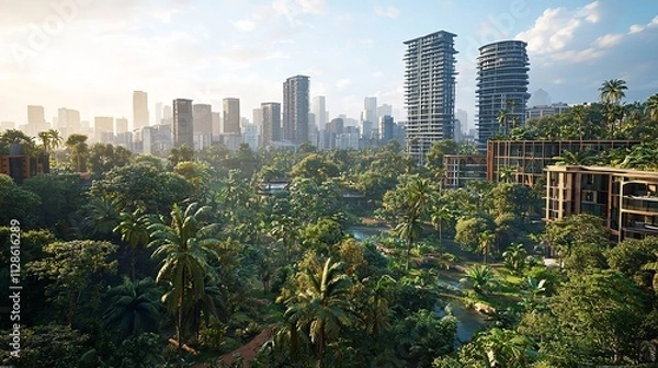 Fototapeta A Cityscape with Skyscrapers Surrounded by Lush Greenery