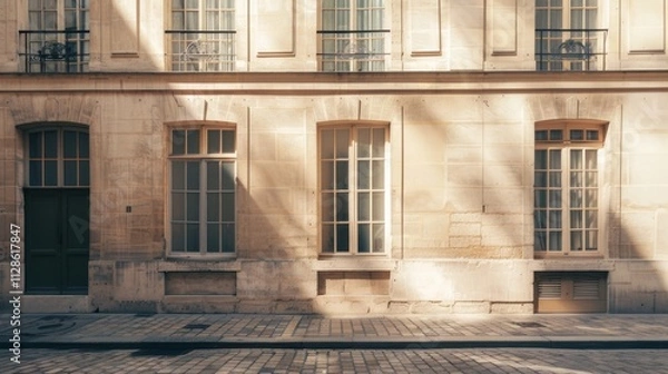 Fototapeta Elegant Parisian architecture, minimalist design, facing a wall with windows and doors, warm sunlight, serene urban setting, no people visible.