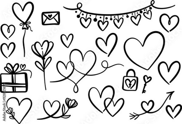 Fototapeta Valentine day vector doodle set, ink line art heart illustration, festive love symbol clip art design collection