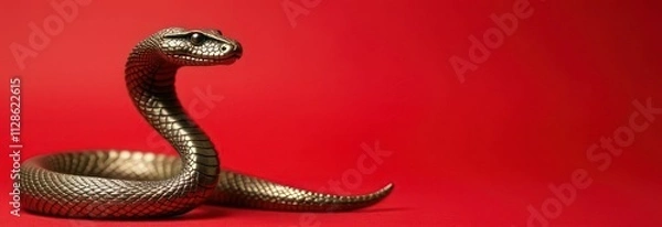 Fototapeta Beautiful bronze snake, banner, red background, place for text, New Year