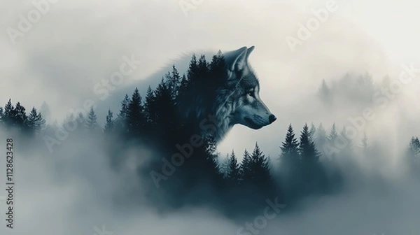 Fototapeta A mystical wolf emerges from a foggy forest, blending nature with fantasy in a serene atmosphere.