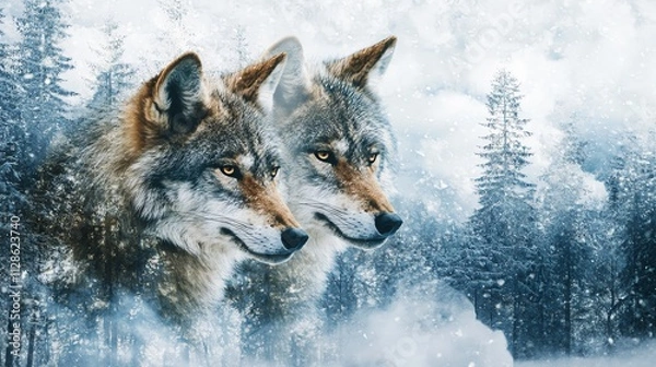 Fototapeta A pair of wolves in a serene, snowy landscape, capturing the beauty and grace of wildlife in winter.