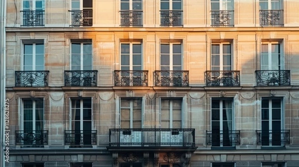 Obraz Elegant Parisian building facade, minimalist design, complete wall with windows and doors, sunny afternoon light, peaceful urban setting, no people.