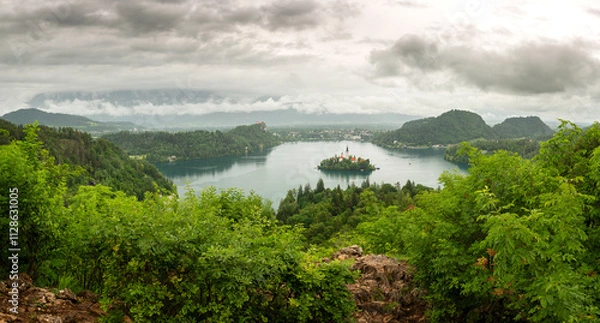 Fototapeta Panorama of Lake Bled, Slovenia with cloudy sky