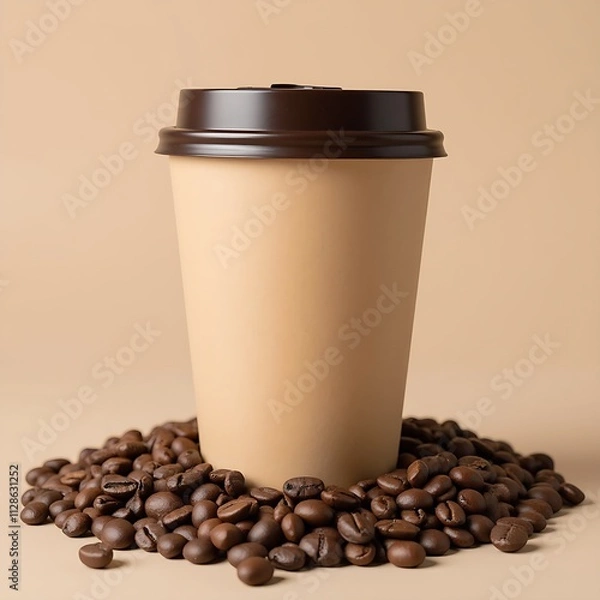 Fototapeta A brown takeaway coffee cup with brown lid mockup placed on coffee beans pile on brown background, product package mockup, drink and beverage