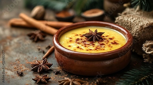 Obraz A rustic setup featuring caramel pudding in a clay dish, surrounded by decorative cinnamon sticks and star anise