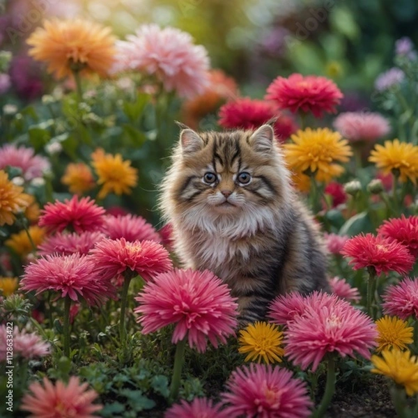 Fototapeta A soft, striped miniature with vibrant pink fur resting in a hand, surrounded by a blurred vibrant flower garden.