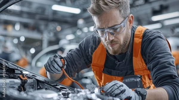 Fototapeta Workers assembling electric vehicle battery enclosures with safety standards in automotive manufacturing plant industrial environment focused viewpoint on quality control