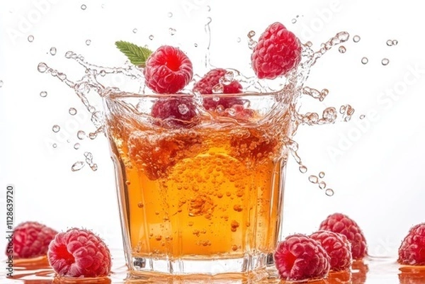 Obraz Raspberries in juice splash isolated white background