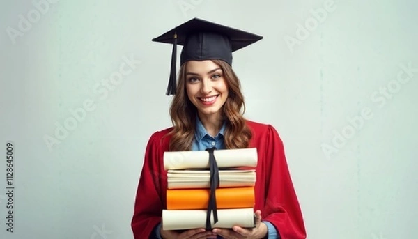 Fototapeta A graduate holding a stack of diplomas with a confident smile in a studio portrait.