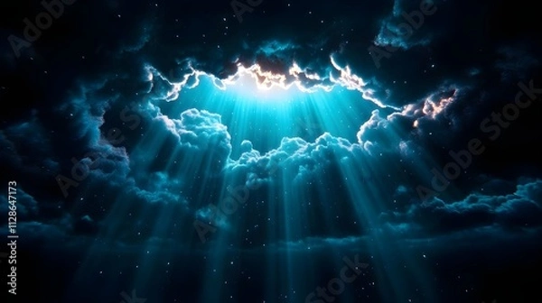 Fototapeta Dramatic Sky with Bright Sunlight Breaking Through Dark Clouds and Rays of Light Shining Down into the Atmosphere
