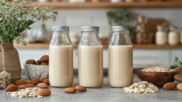 Fototapeta Three glass bottles filled with creamy almond milk are displayed against a neutral background, accompanied by almonds and oats. Healthy ingredients suggest a sustainable lifestyle.