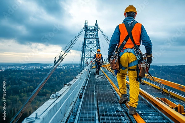 Obraz Engineers in safety harnesses walking on bridge structure