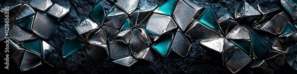 Fototapeta Metallic silver patterns and teal points over a dark base.