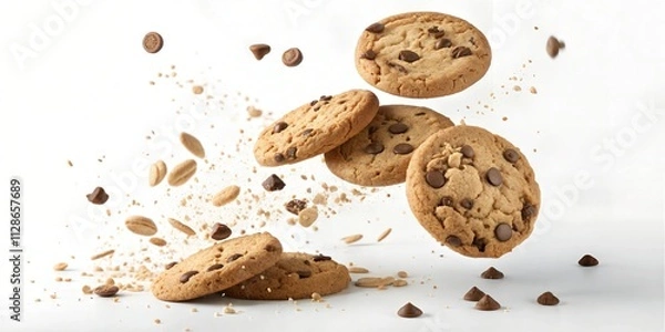Fototapeta Delicious Falling Choc Chip Cookies With Crumbs Food Photography: Stock Photo For Backgrounds, Graphics, and Design Projects