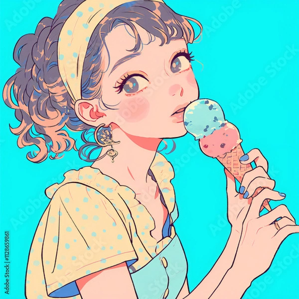 Obraz アイスクリームを食べる女の子のイラスト