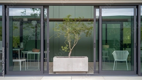 Fototapeta A large sliding glass door leading to a patio with a single planter
