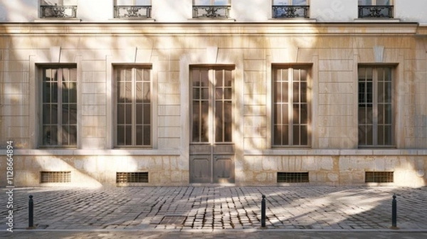 Obraz Elegant minimalist Parisian building, wall with windows and doors, sunlit afternoon, serene urban environment, no people visible.