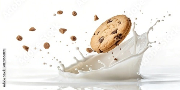 Fototapeta Delicious Choc Chip Cookie Image with Milk Splash: Stock Photo For Backgrounds, Graphics, and Design Projects