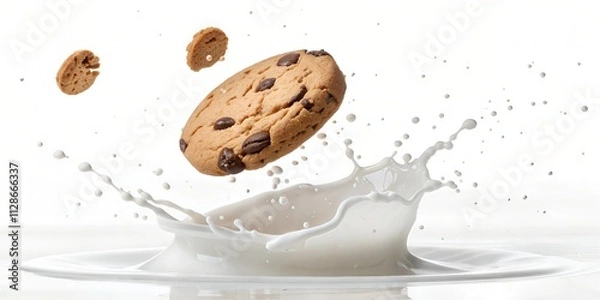 Fototapeta Delicious Choc Chip Cookie Image with Milk Splash: Stock Photo For Backgrounds, Graphics, and Design Projects