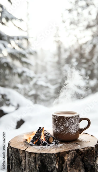 Fototapeta A steaming cup of coffee resting on a log near a crackling fire in a serene winter landscape.