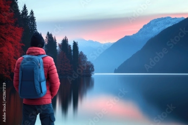 Fototapeta A person in a red jacket and blue backpack gazes across a serene lake at dawn, surrounded by red-leaved trees and distant snow-capped mountains, reflecting the sky's hues.