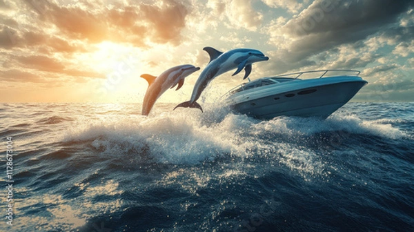 Fototapeta A Playful Group of Dolphins Escorting a Boat