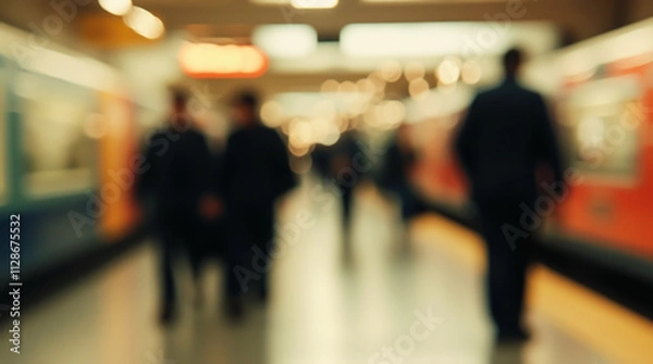 Fototapeta Silhouettes of passengers at the station, trains, and hustle on the platform, blurred image