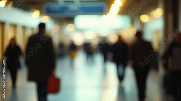 Fototapeta A hallway inside a building with shop windows and blurred figures of people in motion