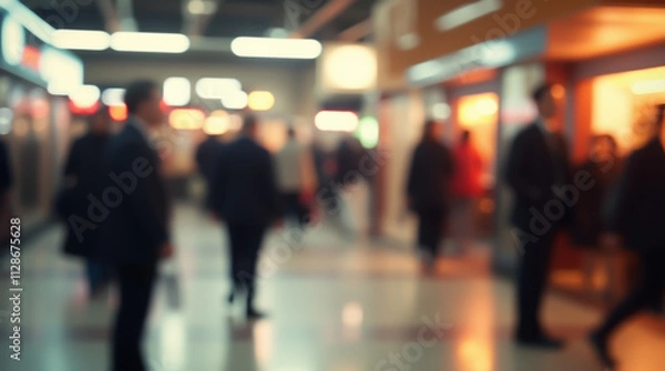 Fototapeta Blurred silhouettes of people in a spacious shopping hall lit by soft light, with shops visible in the background