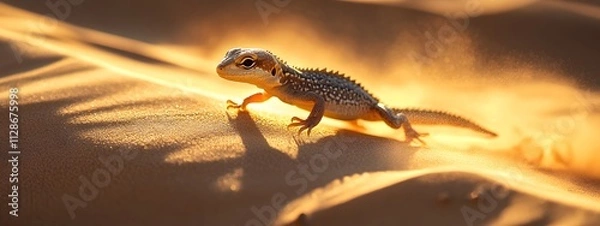 Fototapeta A lizard running on the sand dunes of Al Ula desert, captured in golden sunlight
