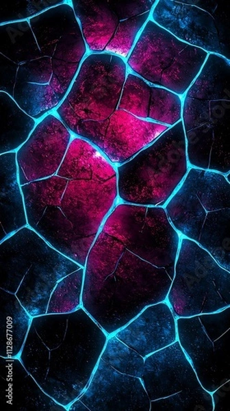 Fototapeta Sharp magenta patterns with glowing blue edges on black.