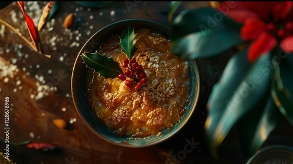 Fototapeta A bowl of warm, spiced Christmas pudding topped with a sprig of holly and a few candied fruits, shot from above, showcasing the intricate textures and details of the dessert