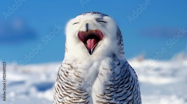 Fototapeta A snowy owl yawning which looks like its laughing. The owl is sitting in the snow and set against a blue sky. Snowy owls, bubo scandiacus, are a protected species and one of the largest owls. This 